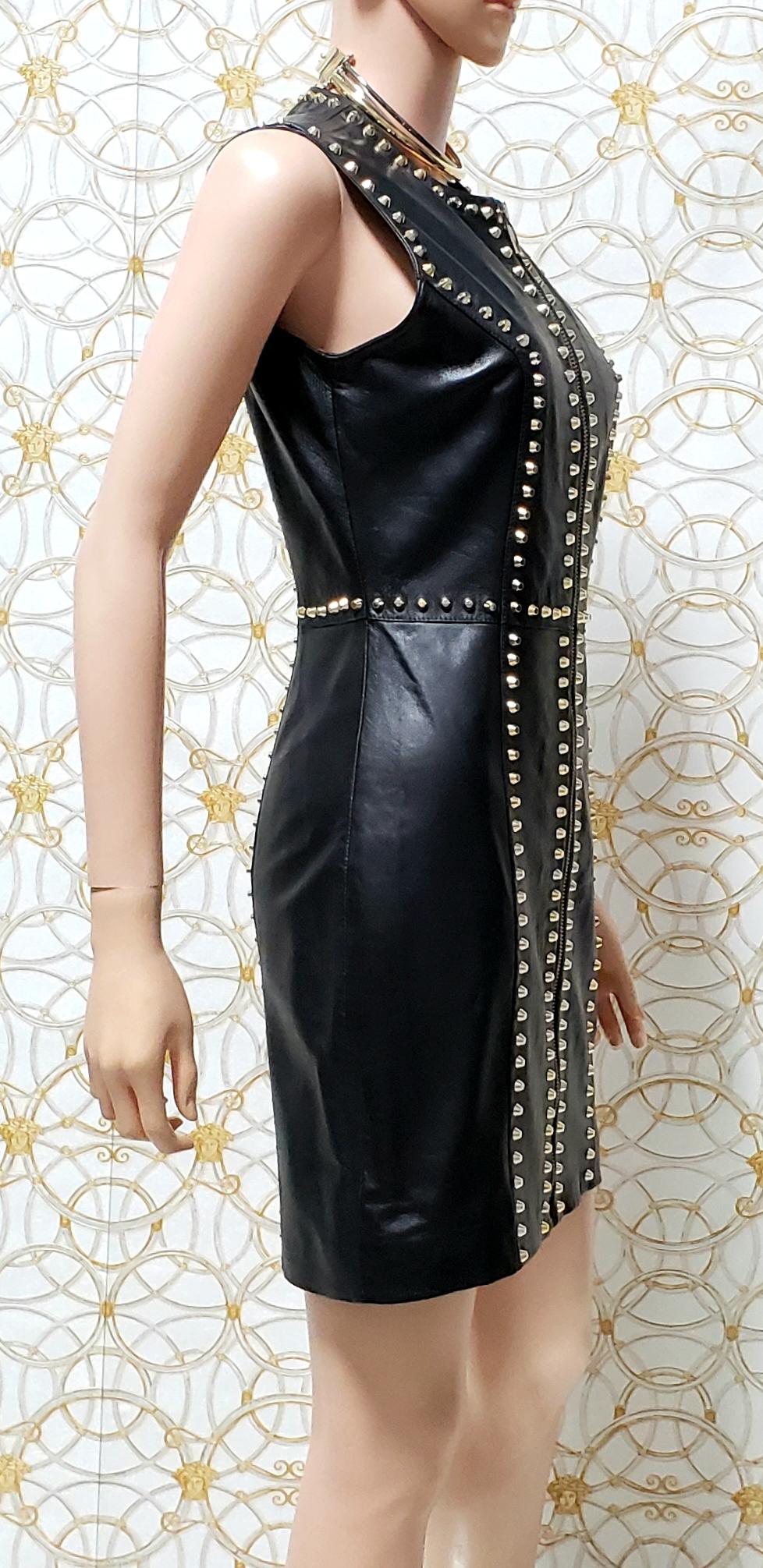 New VERSUS VERSACE STUDDED BLACK LEATHER MINI DRESS 40 - 4 In New Condition In Montgomery, TX