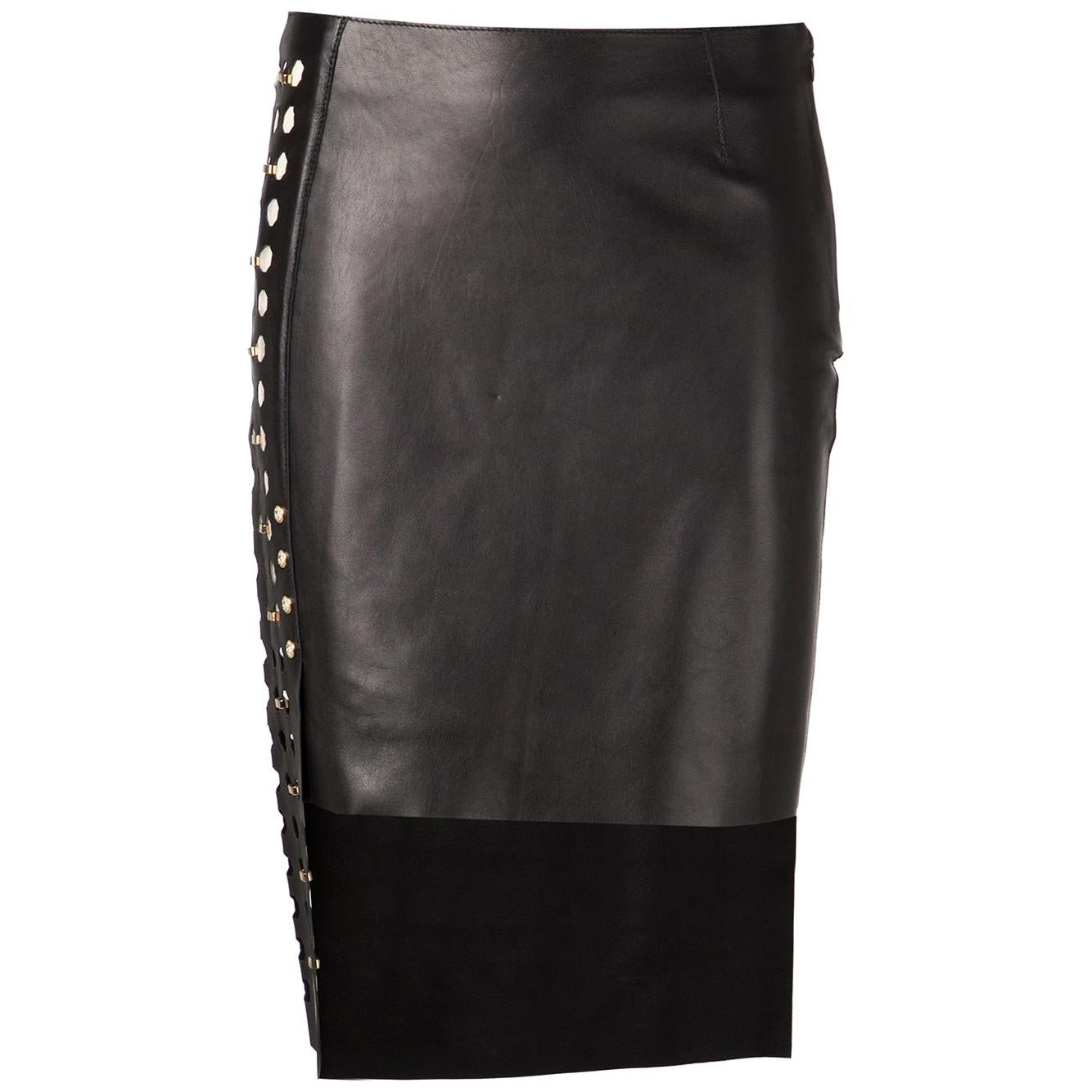 New VERSUS VERSACE X Anthony Vaccarello High-Low Leather Cut Out Panel Skirt  For Sale
