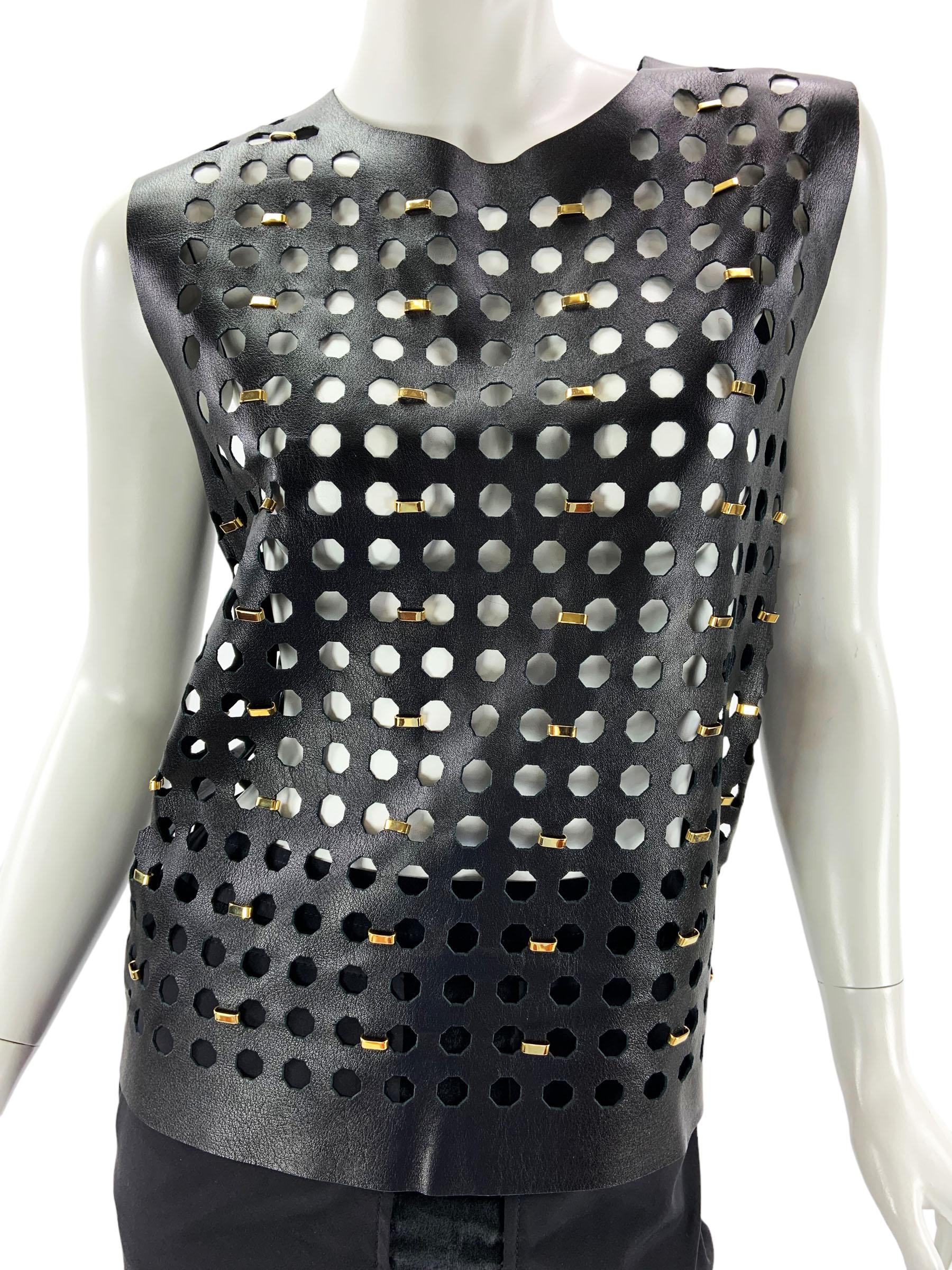 Nero New Versace Versace X Anthony Vaccarello Leather Perforated Embellished Top It 40 in vendita
