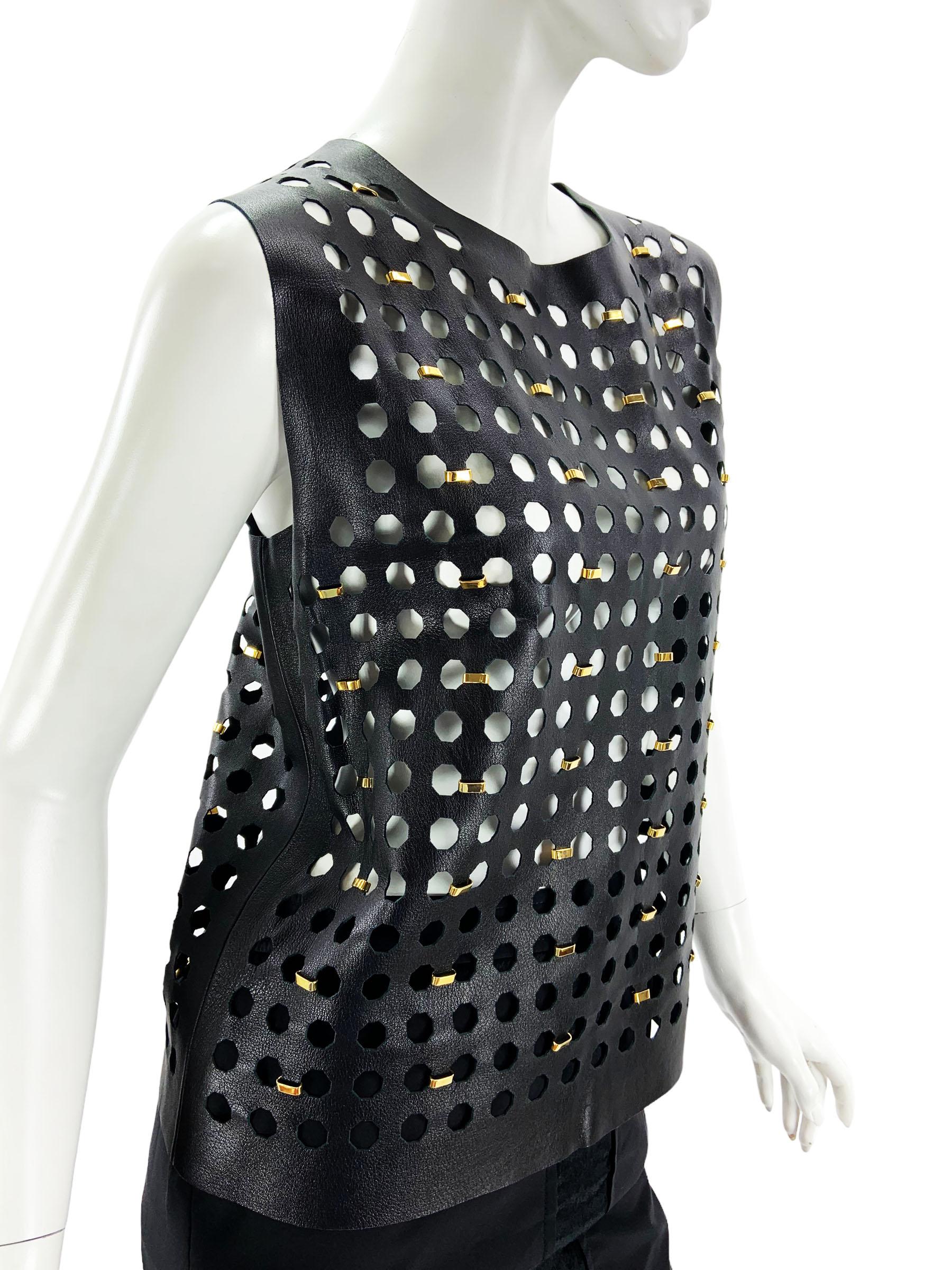 New Versace Versace X Anthony Vaccarello Leather Perforated Embellished Top It 40 In condizioni Nuovo in vendita a Montgomery, TX