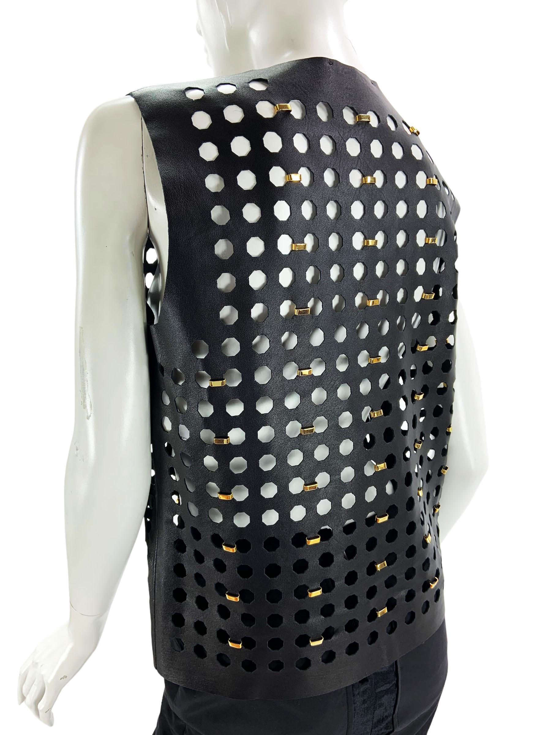 Donna New Versace Versace X Anthony Vaccarello Leather Perforated Embellished Top It 40 in vendita