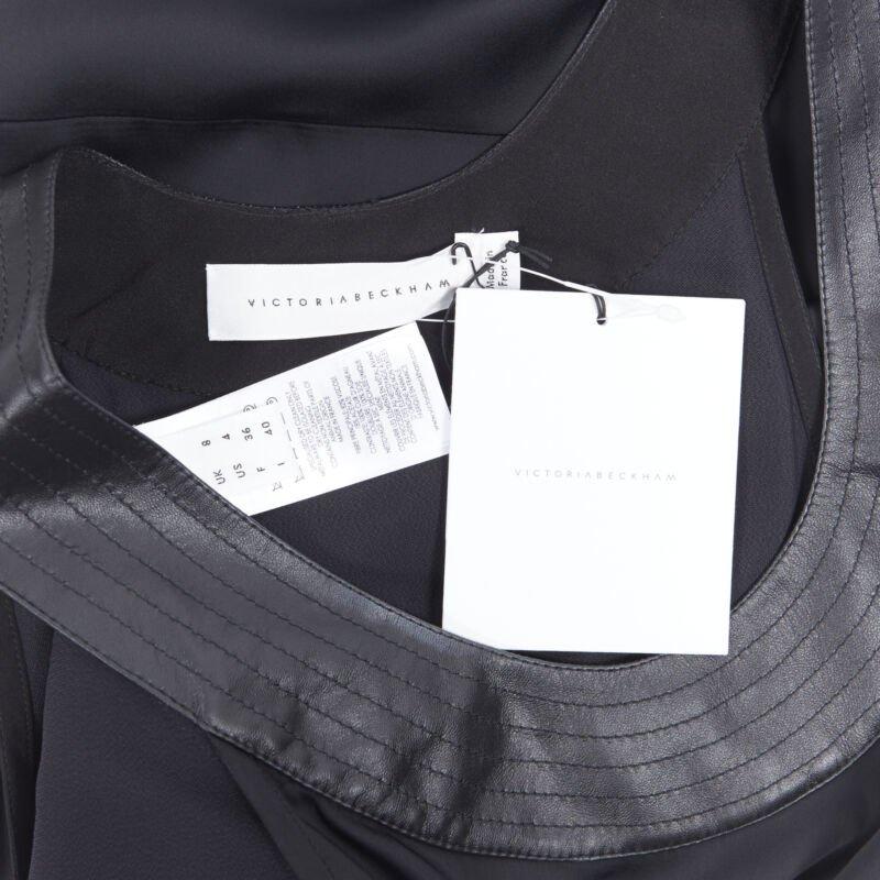 new VICTORIA BECKHAM 2018 Runway black satin leather collar belted dress UK8 S For Sale 5