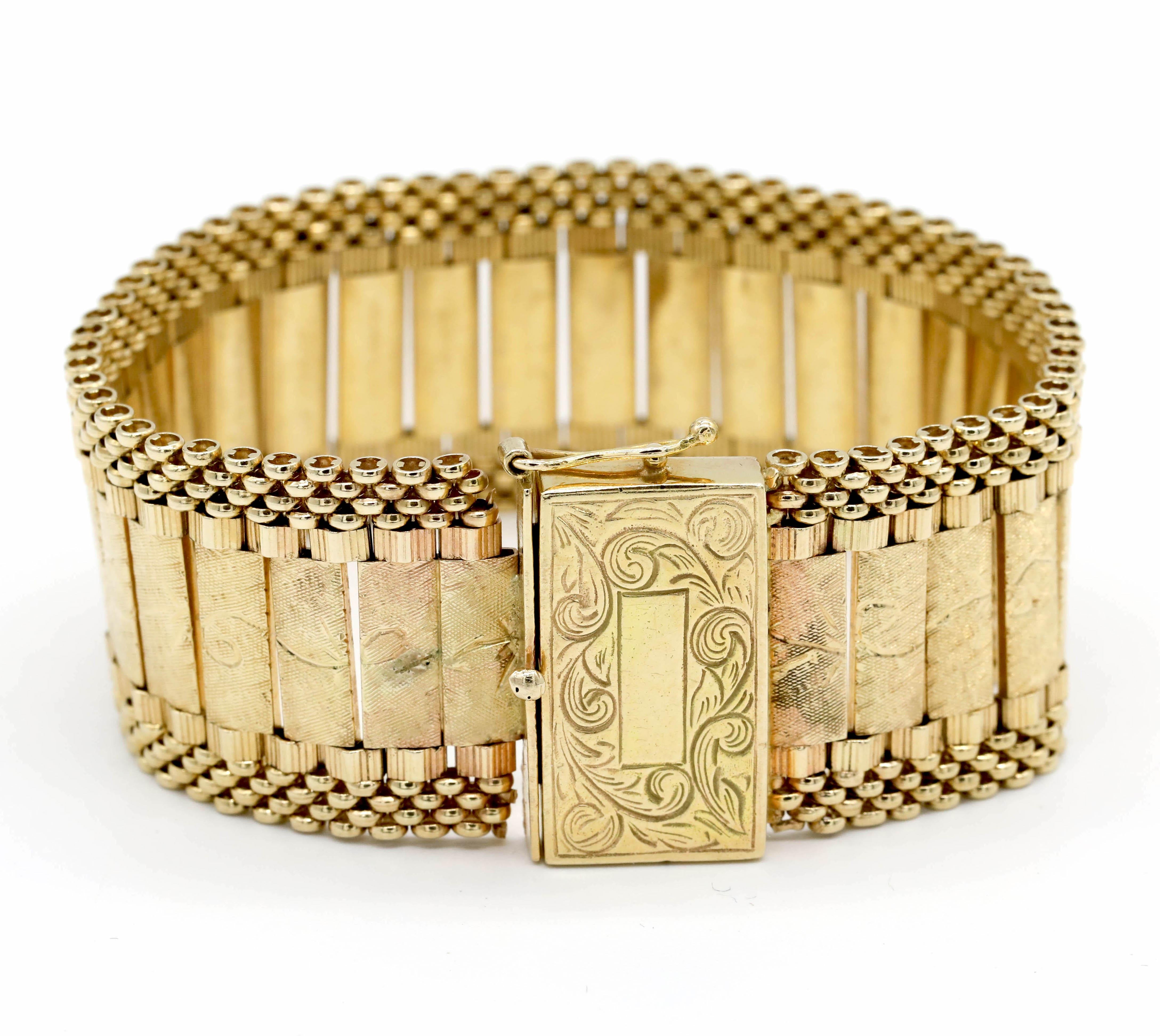 New Victorian Style Design  14 Karat Yellow Gold Cuff Bracelet 51 Grams

The Bracelet has a size NA.

We guarantee all products sold and our number one priority is your complete 100% satisfaction.

Returns are accepted and Fast delivery.

Please