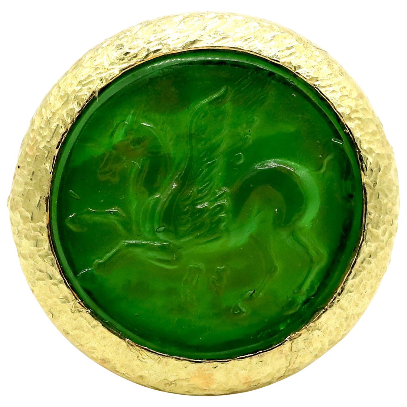 New Victorian Green Italian Murano Glass Carved Intaglio Ring 18 Karat Gold
