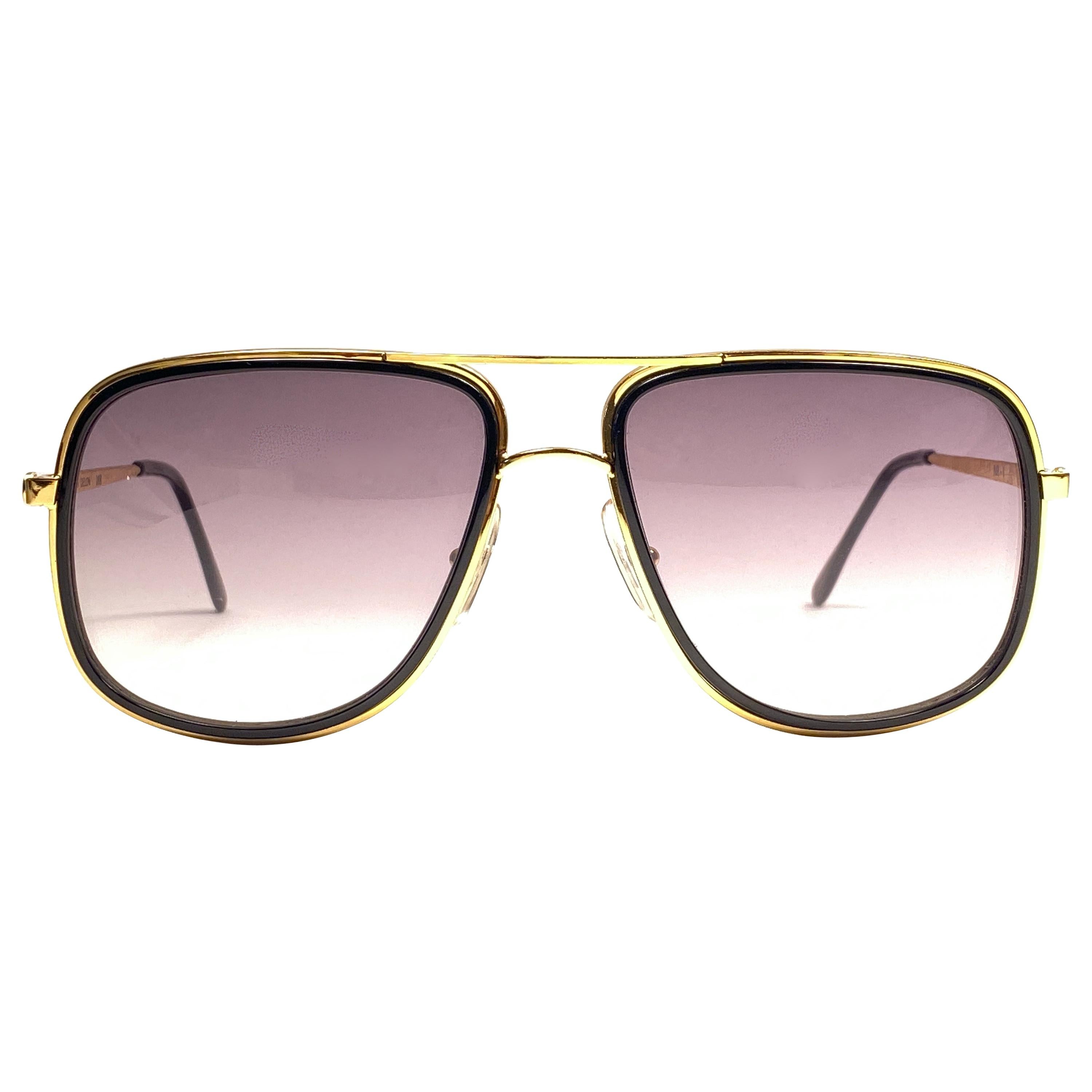New Vintage Alain Delon Oversized Gold & Black  1990  Italy Sunglasses For Sale