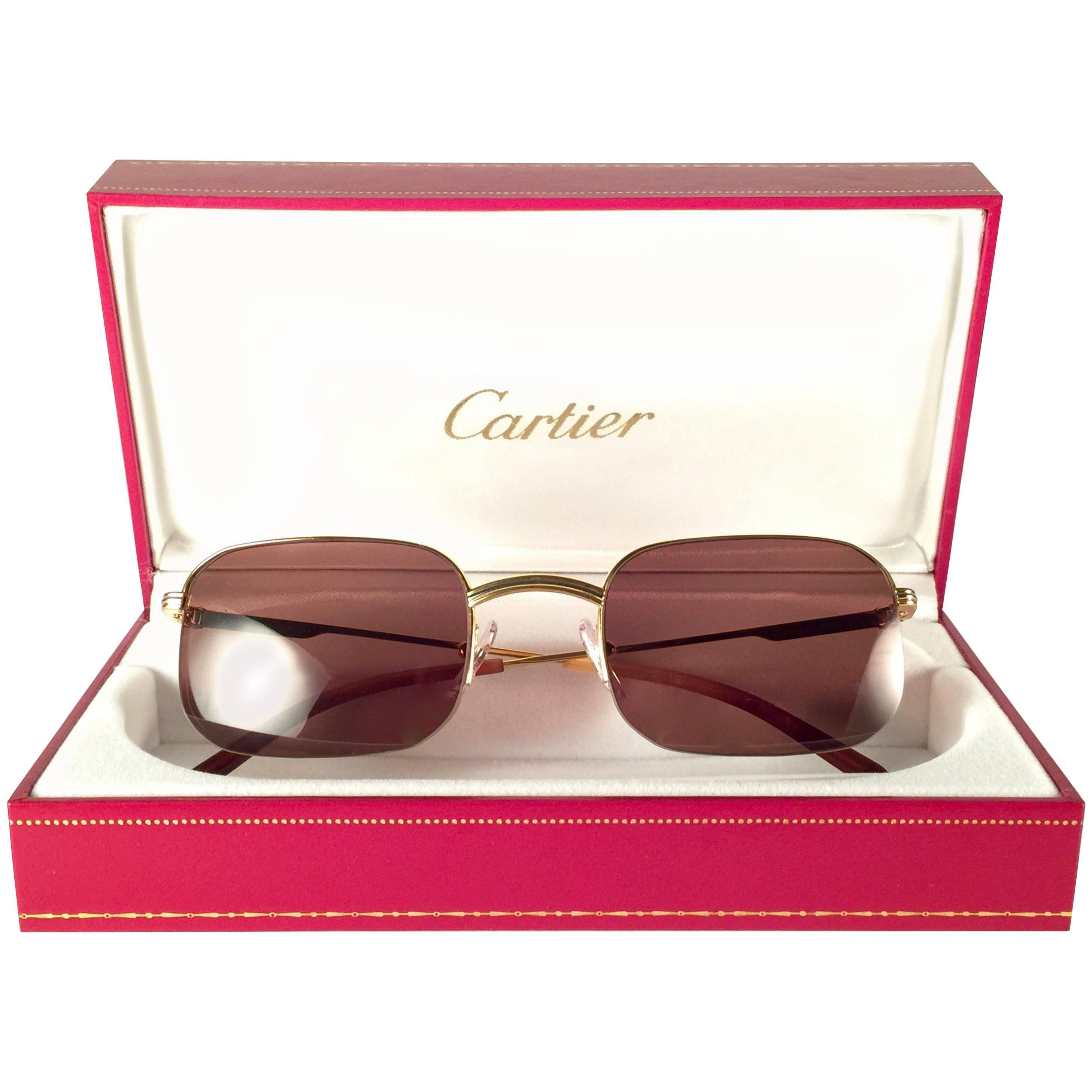 New Vintage Cartier Broadway Gold Plated 51 23 Half Frame France 1990 Sunglasses