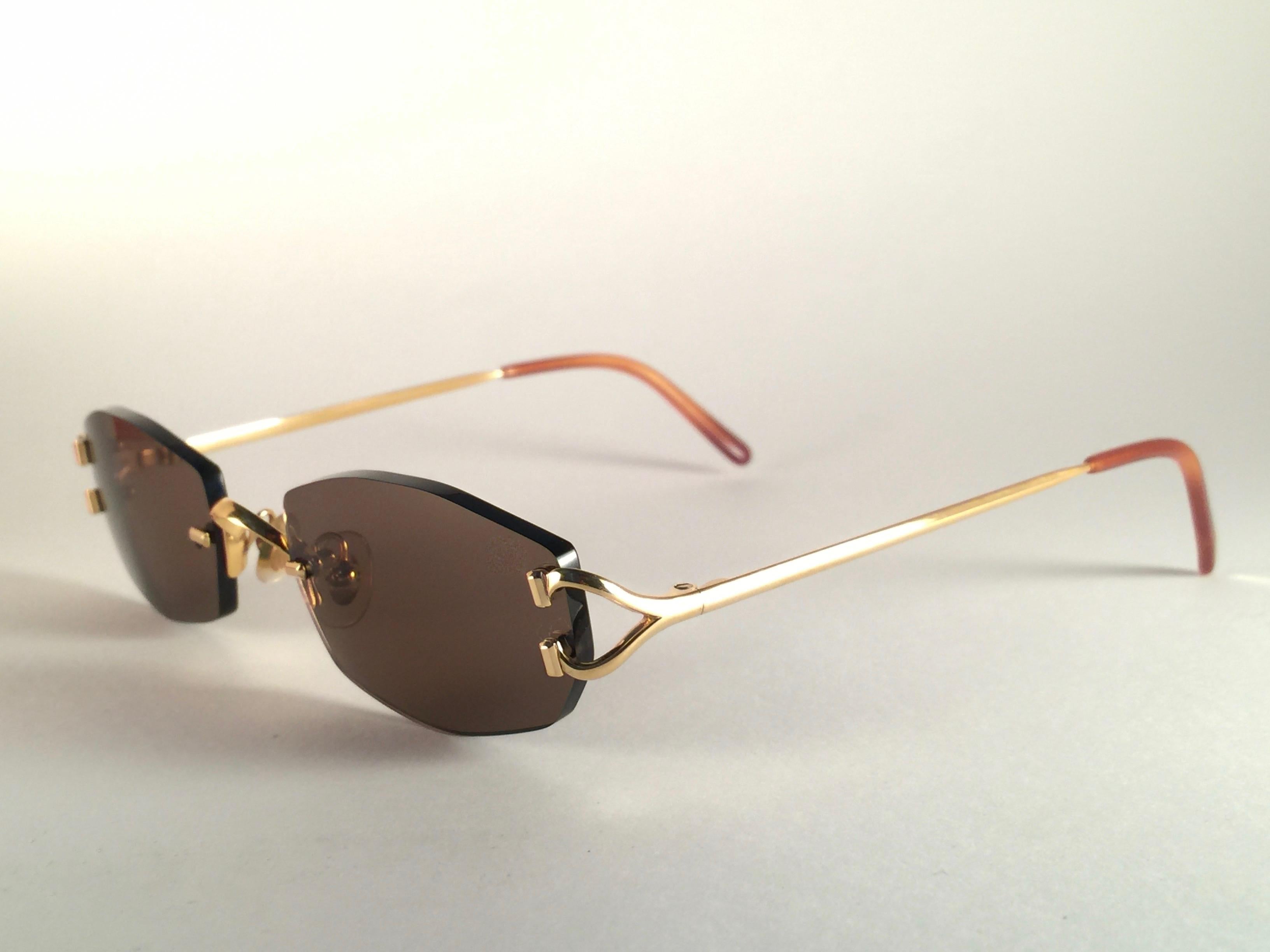  Nouveau Vintage Cartier Capri Gold 49mm Rimless Brown Lens France Lunettes de soleil Unisexe 