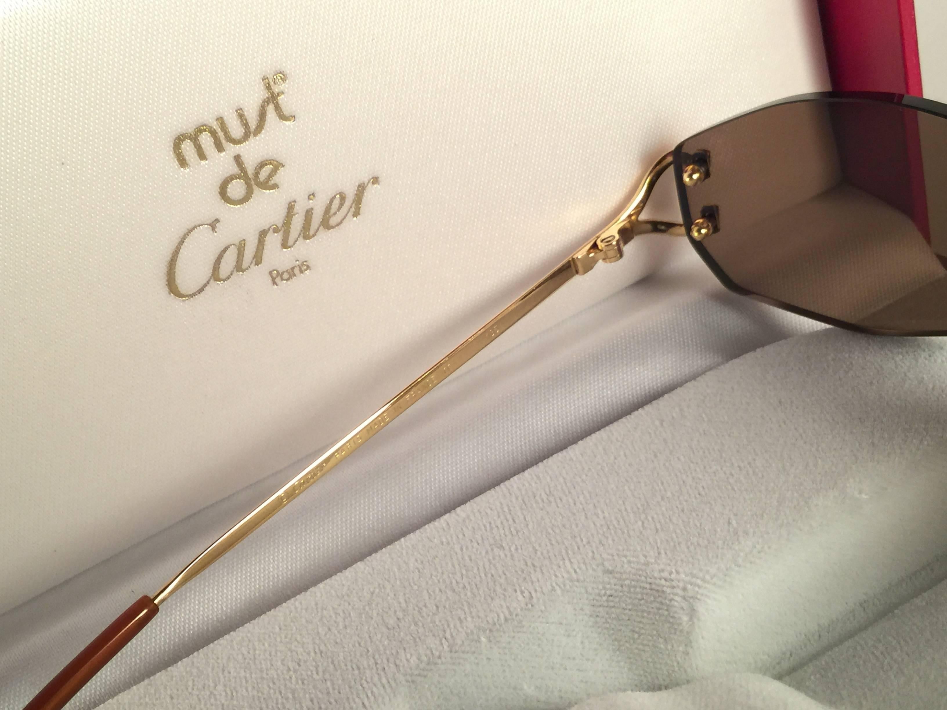 Women's or Men's New Vintage Cartier Capri Gold 49mm Rimless Brown Lens France Sunglasses