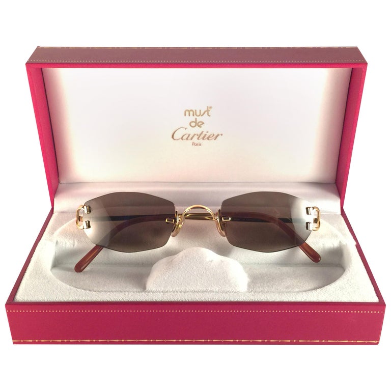 New Vintage Cartier Capri Gold 49mm Rimless Brown Lens France