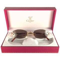 New Vintage Cartier Capri Gold 49mm Rimless Brown Lens France Sunglasses