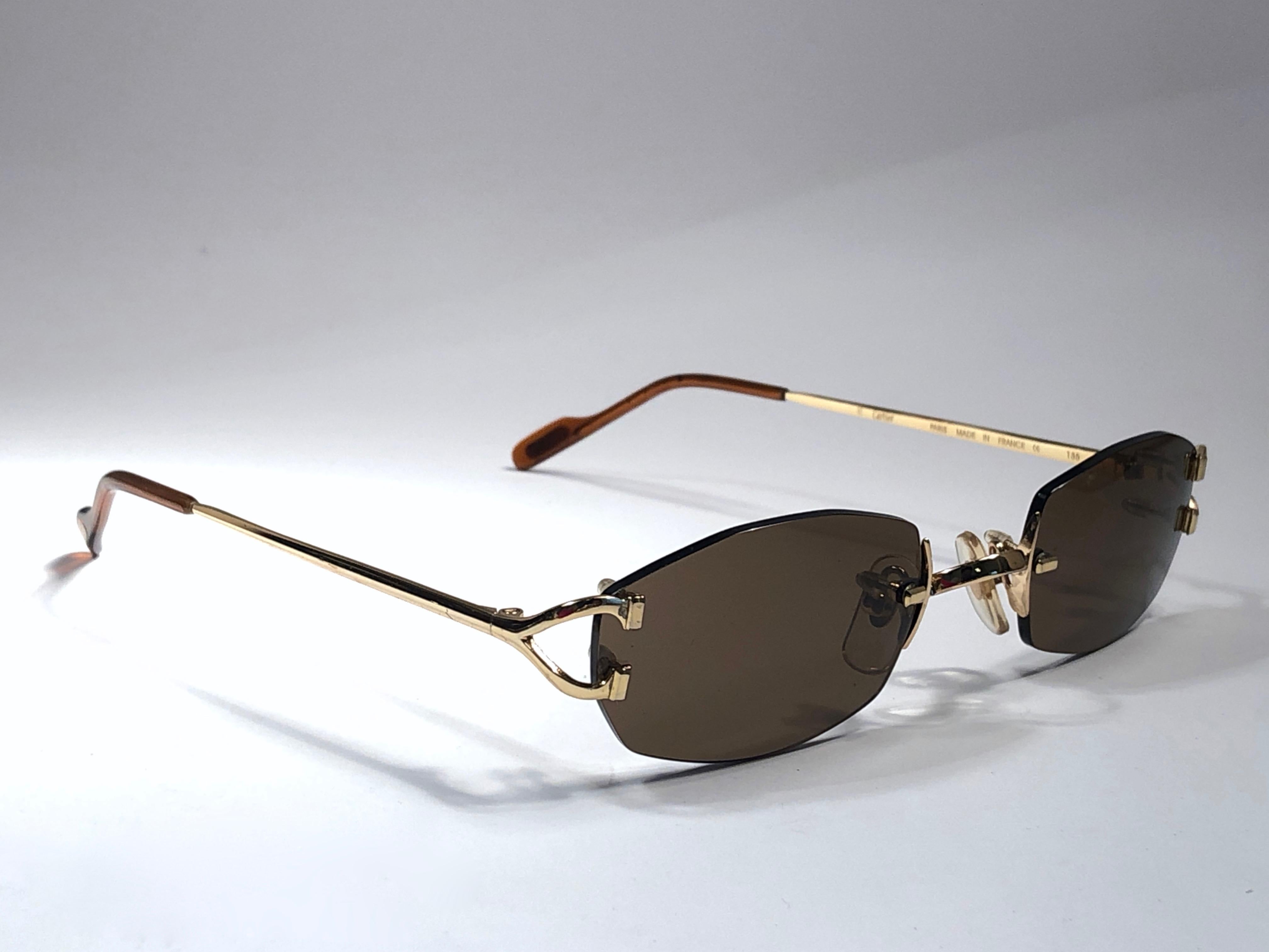 Gray New Vintage Cartier Capri Gold Plated 18K Rimless Brown Lens France Sunglasses For Sale