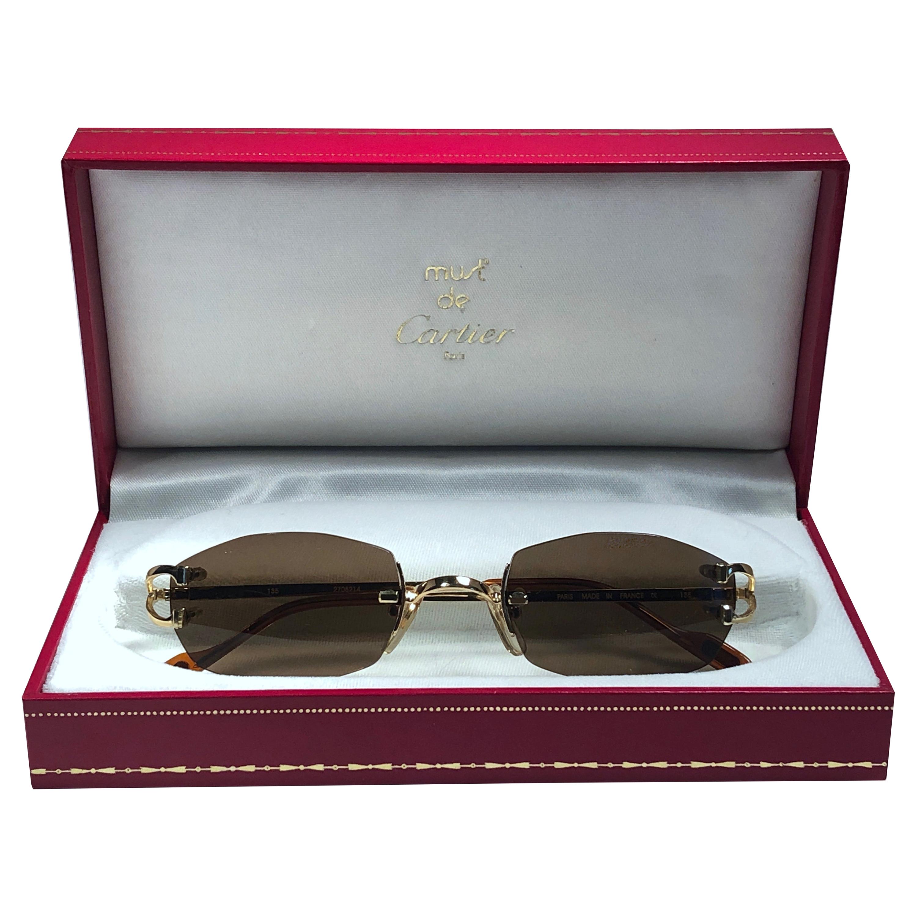 New Vintage Cartier Capri Gold Plated 18K Rimless Brown Lens France Sunglasses For Sale