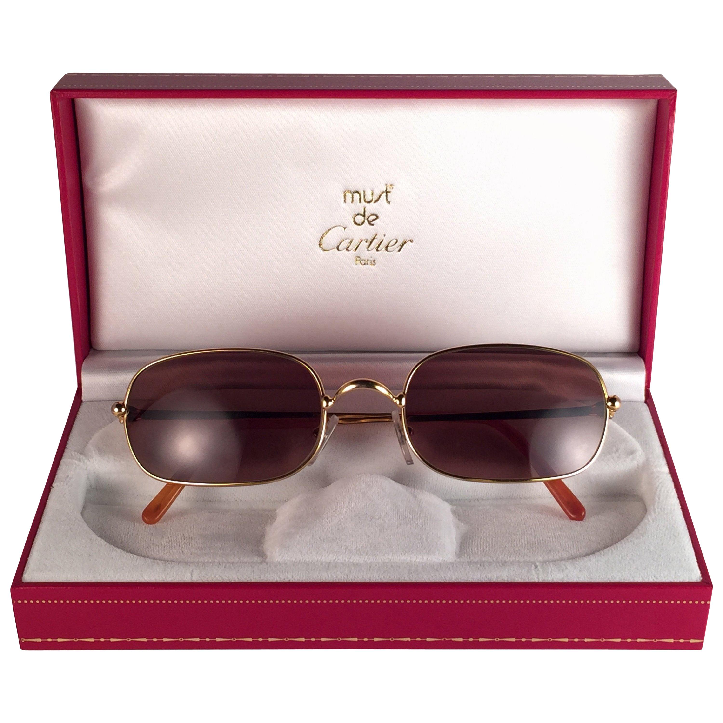 New Vintage Cartier Deimios 54MM  Gold Plated  Brown Lens France 1990 Sunglasses For Sale