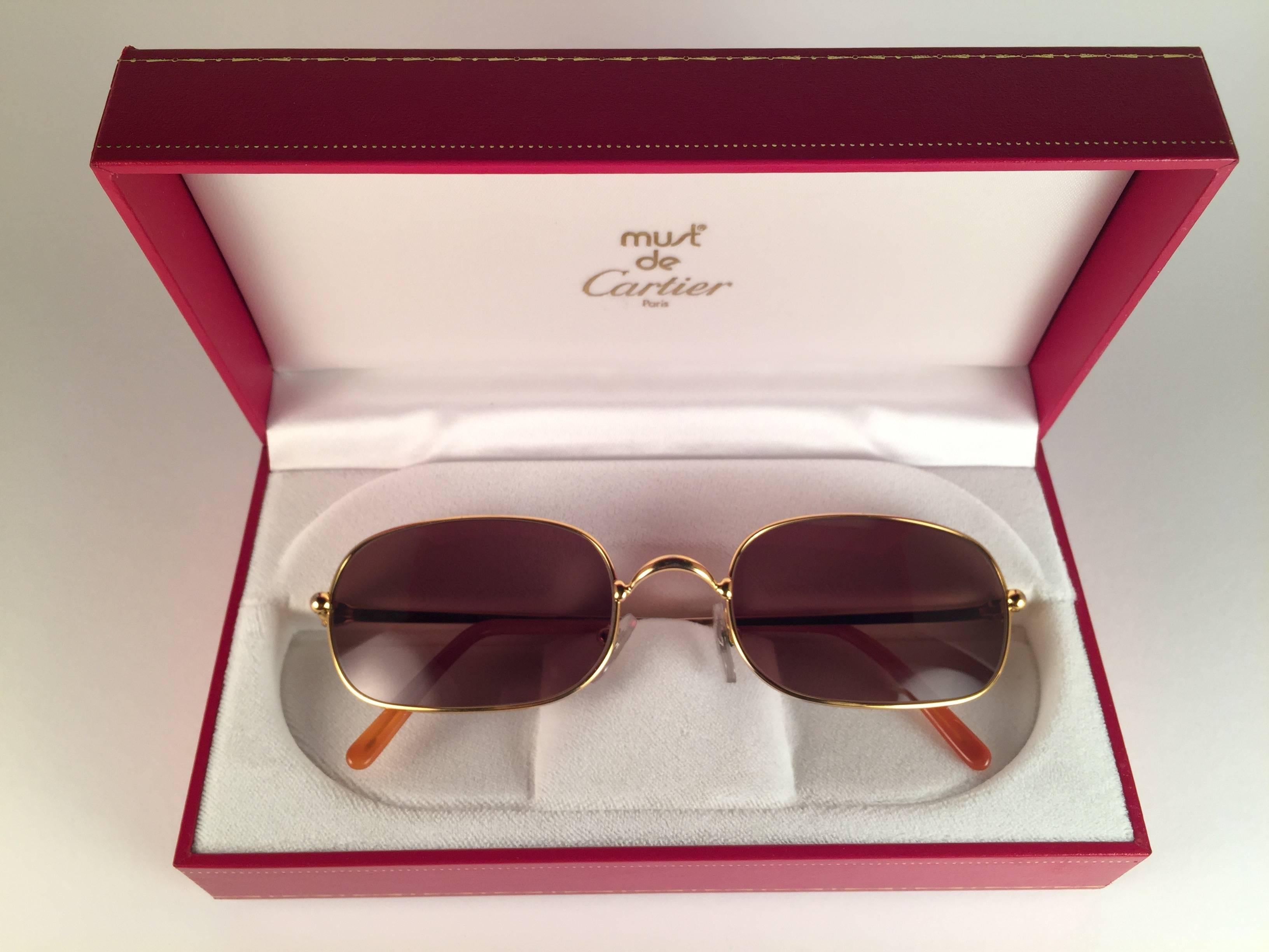 Neuwertige 1990 Cartier DeimIos 52 MM Sonnenbrille mit braunen (UV-Schutz) Gläsern.  Alle Markenzeichen. Cartier-Goldzeichen auf den Ohrmuscheln. Sie sind wie ein Paar Juwelen auf der Nase. Schönes Design und ein echtes Zeichen der Zeit. Original