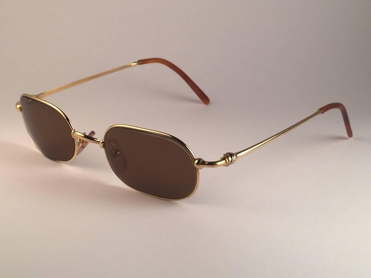 Women's or Men's New Vintage Cartier Deimios Gold Plated Solid Brown Lens France 1990 Sunglasses