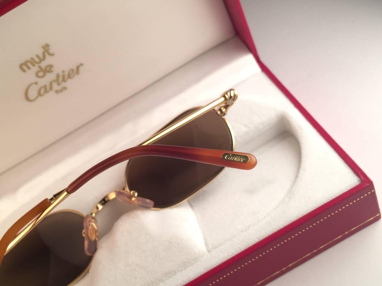 New Vintage Cartier Deimios Gold Plated Solid Brown Lens France 1990 Sunglasses 4