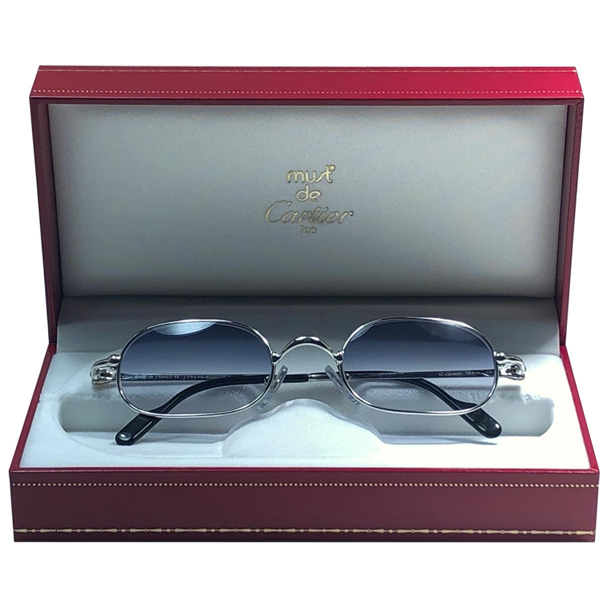 New Vintage Cartier Deimios Platine Solid Blue Lens France 1990 Sunglasses