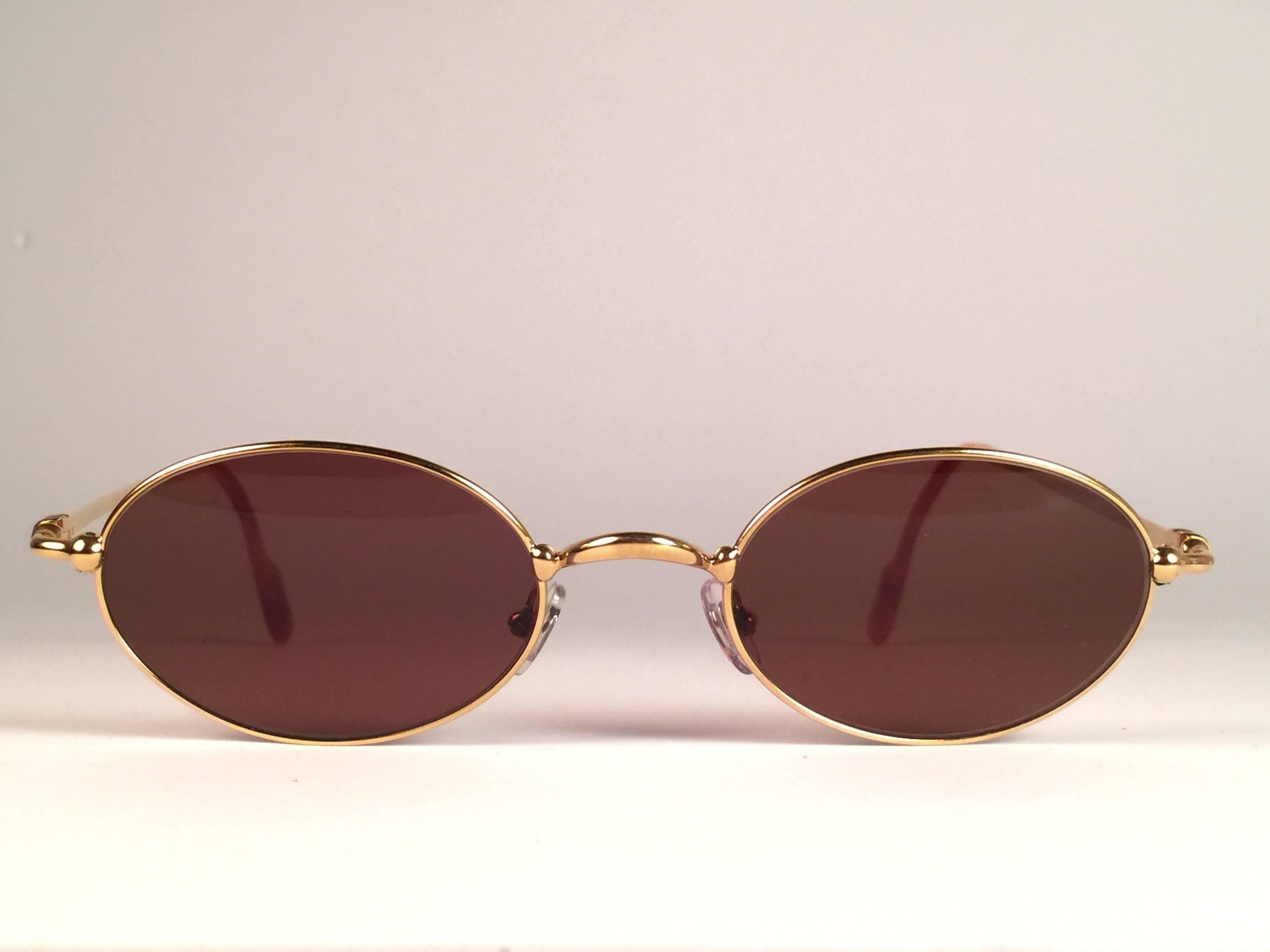 New Vintage Cartier Filao 49 Gold Plated Oval Brown Lens France 1990 Sunglasses For Sale 1