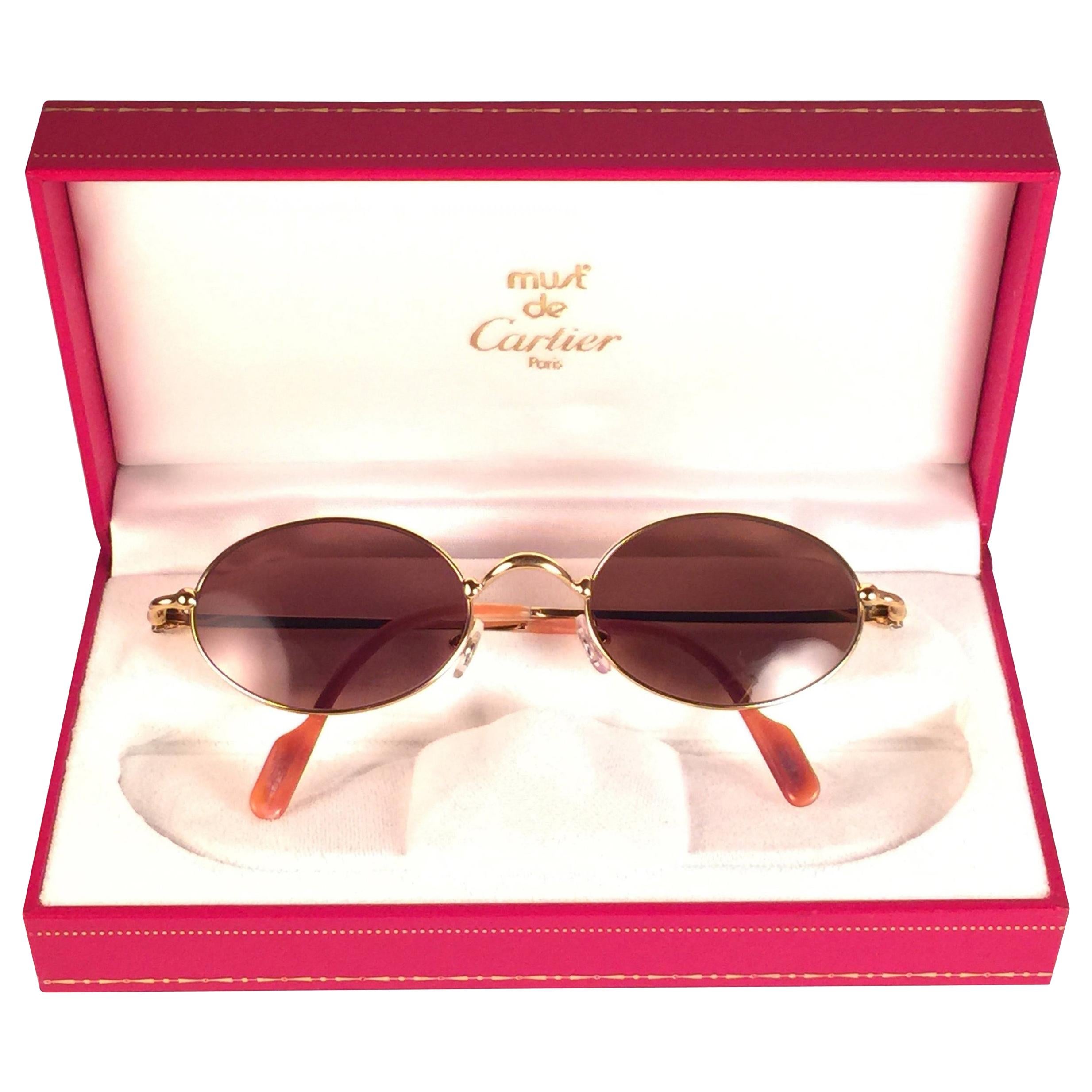New Vintage Cartier Filao Gold Plated Solid Brown Lens France 1990 Sunglasses