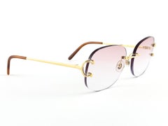 New Vintage Cartier Gold Plated Rimless Gradient Lens Case France Sunglasses