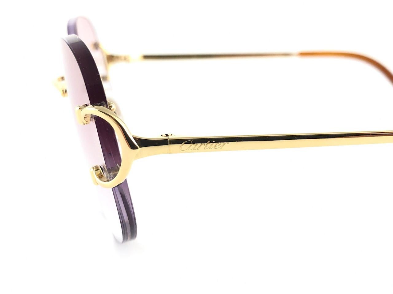 Women's or Men's New Vintage Cartier Gold Plated Rimless Gradient Lens Case France Sunglasses