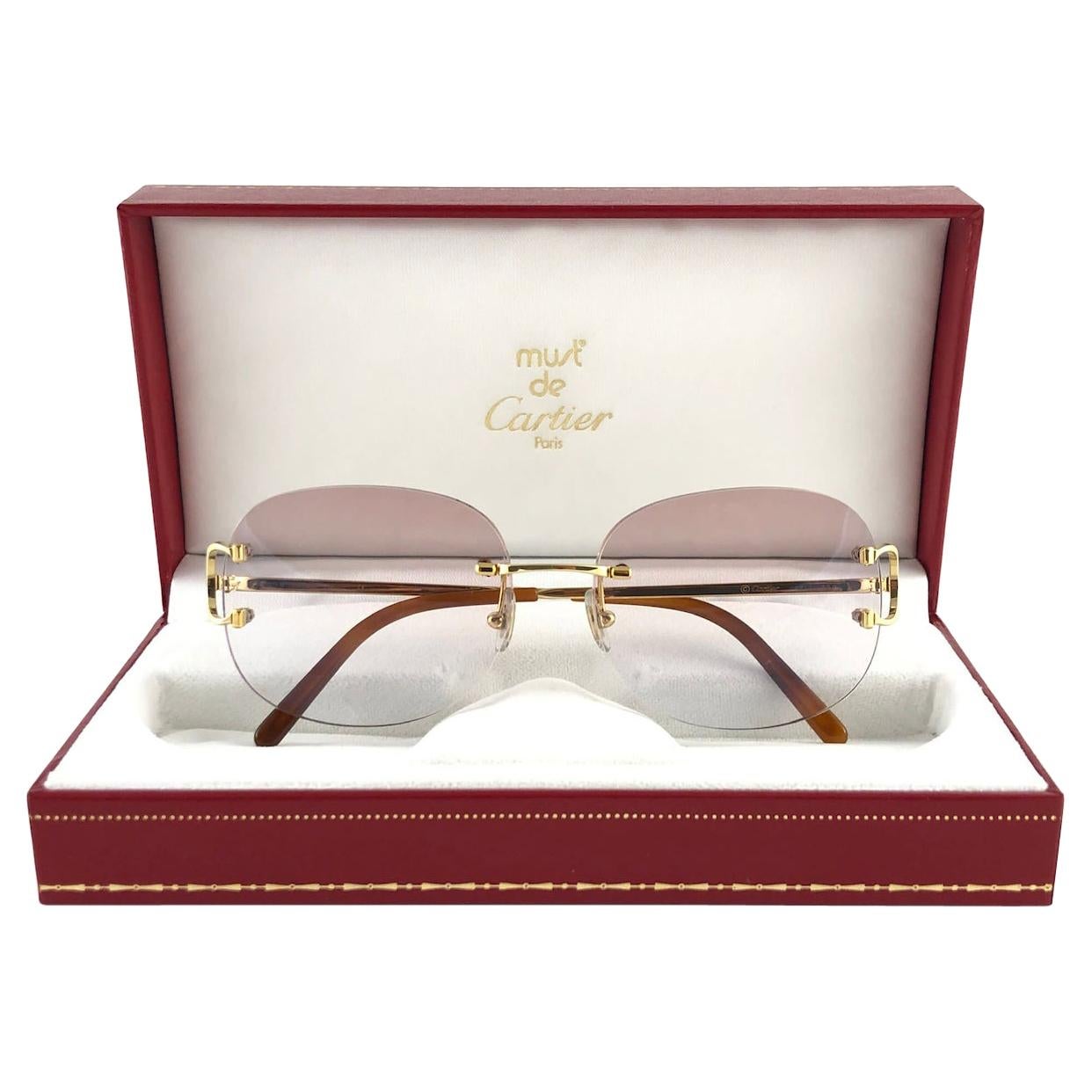 New Vintage Cartier Gold Plated Rimless Gradient Lens Case France Sunglasses