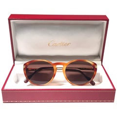 New Vintage Cartier Jaspe Blond 50 [] 18 Sunglasses Brown France 18k Gold 1991