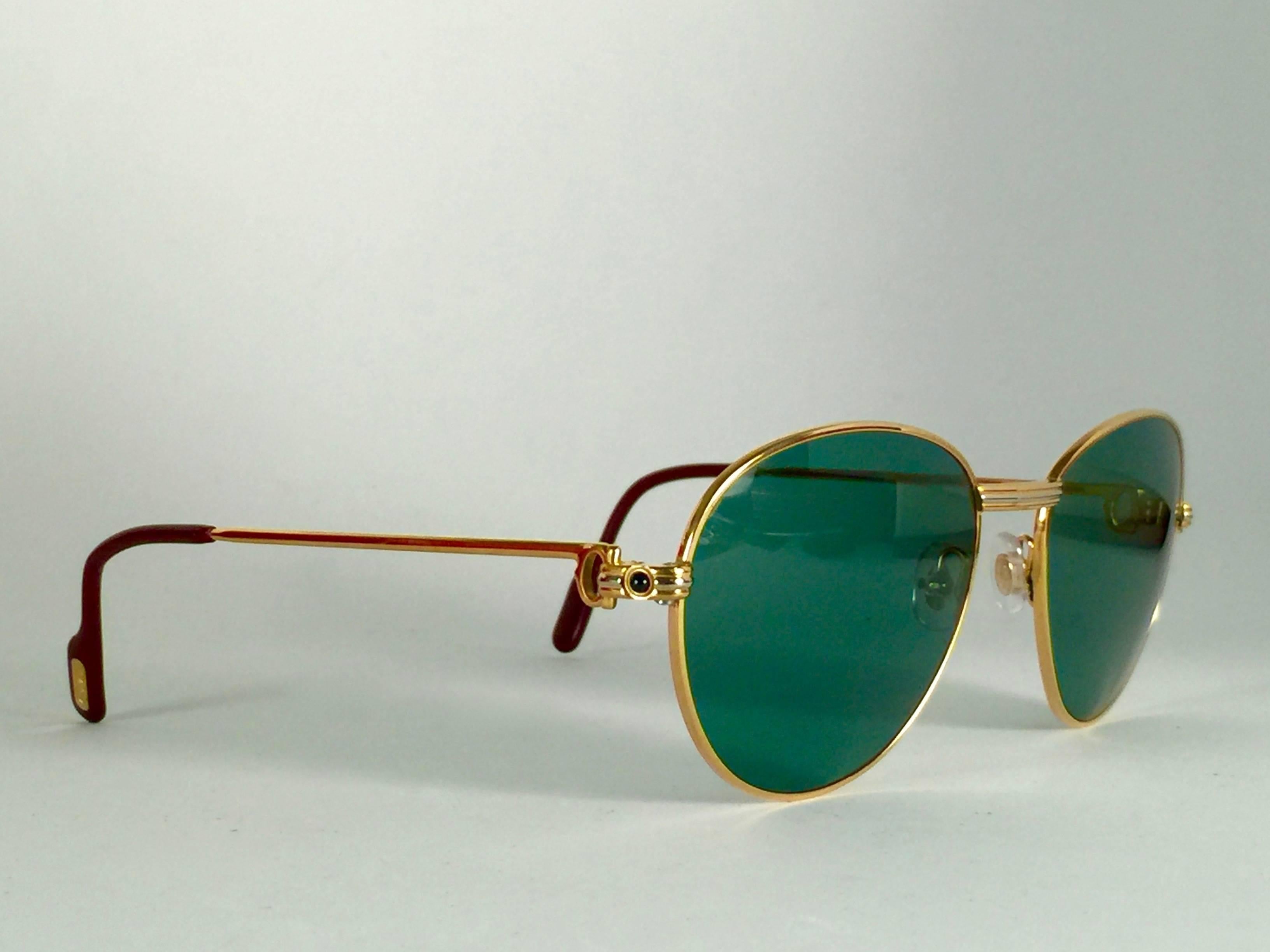 New Vintage Cartier Louis Sapphire 55mm Green Sunglasses Heavy Gold Plated 18k  1