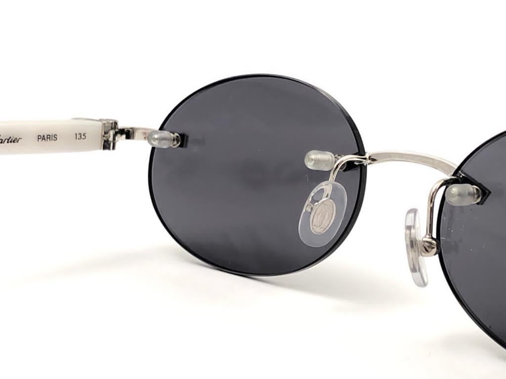 New Vintage Cartier Platine Rimless Mother of Pearl Grey Lens France Sunglasses 2