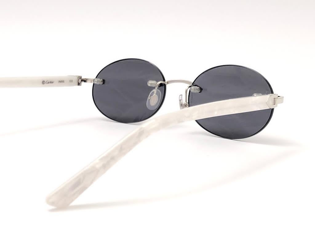 New Vintage Cartier Platine Rimless Mother of Pearl Grey Lens France Sunglasses 1