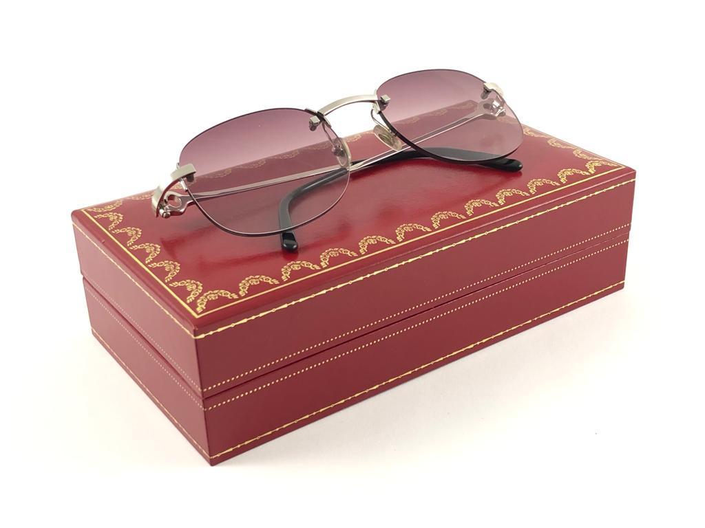New Vintage Cartier Rimless Brushed Platine Gradient Lens France Sunglasses For Sale 6