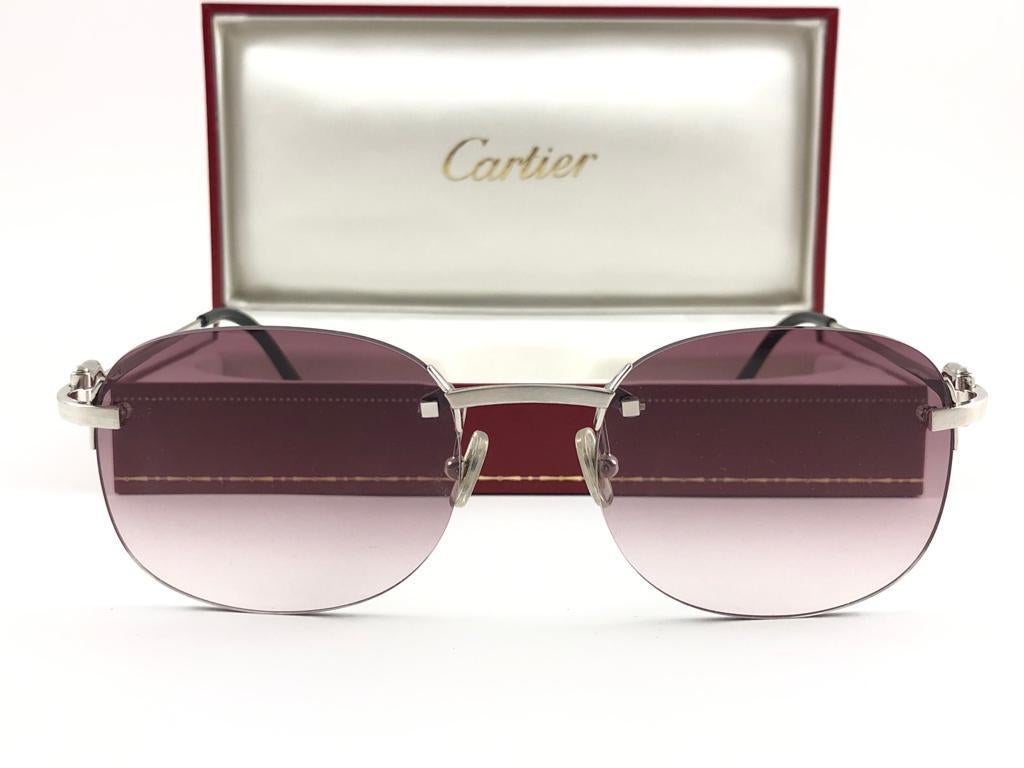 New Vintage Cartier Rimless Brushed Platine Gradient Lens France Sunglasses For Sale 7