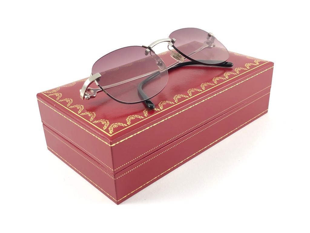 New Vintage Cartier Rimless Brushed Platine Gradient Lens France Sunglasses For Sale 8