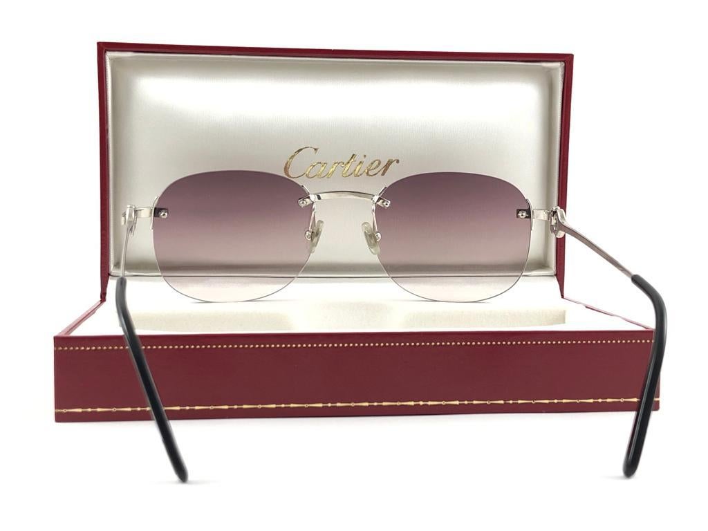 Gray New Vintage Cartier Rimless Brushed Platine Gradient Lens France Sunglasses For Sale