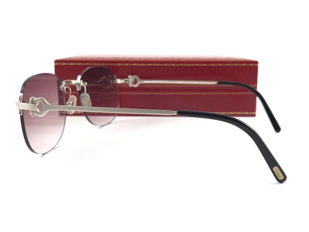 New Vintage Cartier Rimless Brushed Platine Gradient Lens France Sunglasses For Sale 1