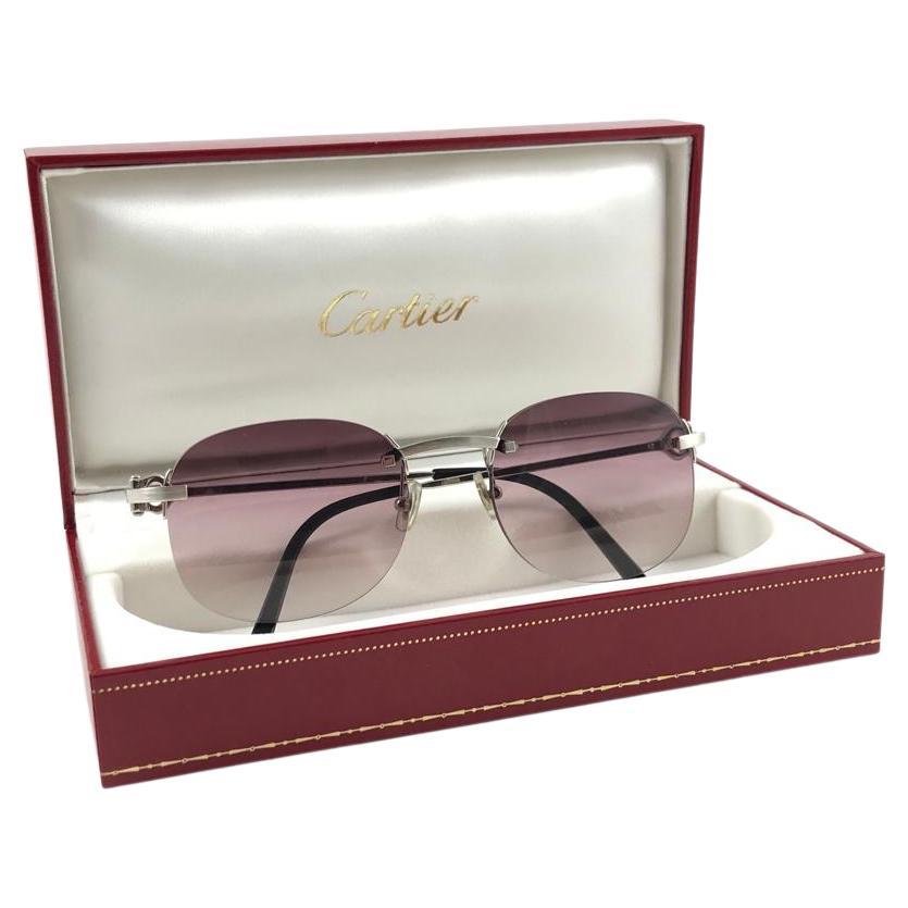 New Vintage Cartier Rimless Brushed Platine Gradient Lens France Sunglasses For Sale