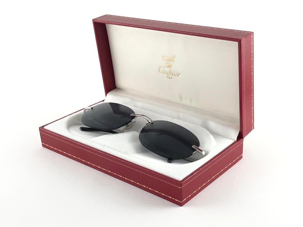 New Cartier unique rimless titanium sunglasses with dark grey  (uv protection) lenses.  Frame with the front and sides in titanium. All hallmarks. Cartier silver signs on the ear paddles.  These are like a pair of jewels on your nose.  Beautiful