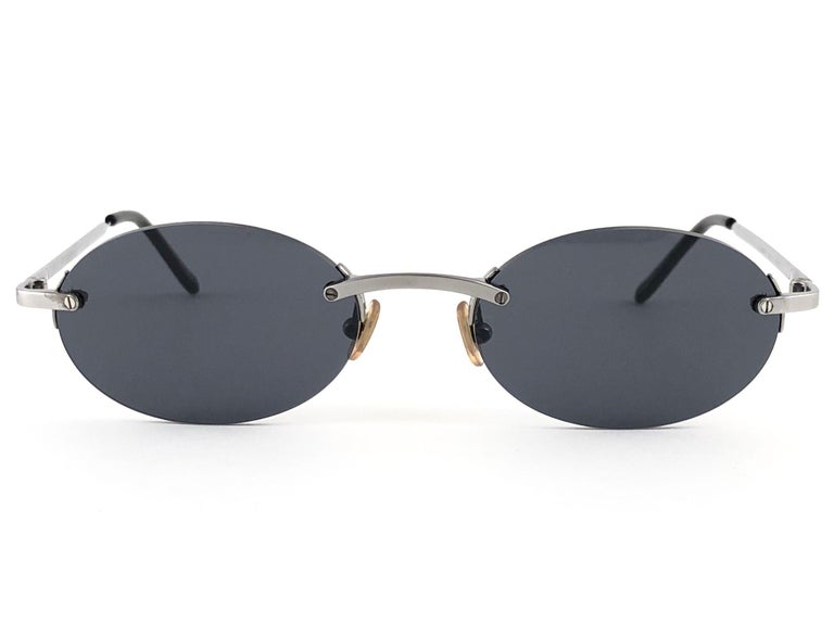 Beige New Vintage Cartier Rimless Titanium Dark Grey Lens France Sunglasses For Sale