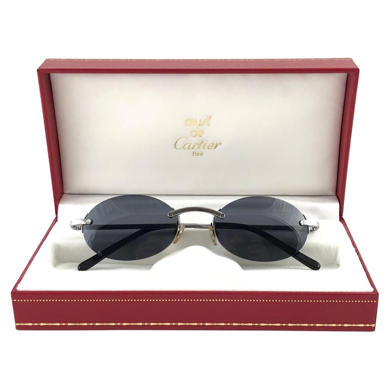 New Vintage Cartier Rimless Titanium Dark Grey Lens France Sunglasses For Sale