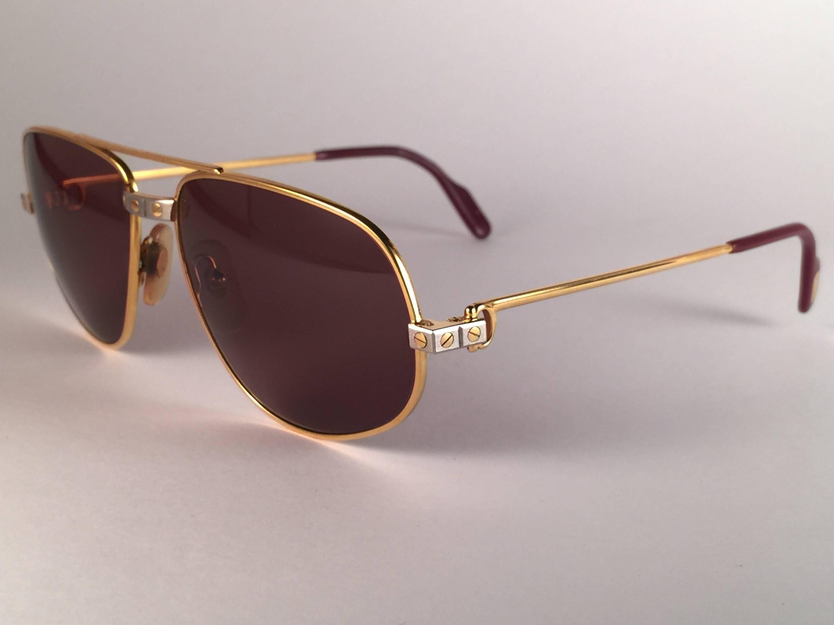 Or New Vintage Cartier Romance Santos 54MM France 18k Gold Plated Sunglasses