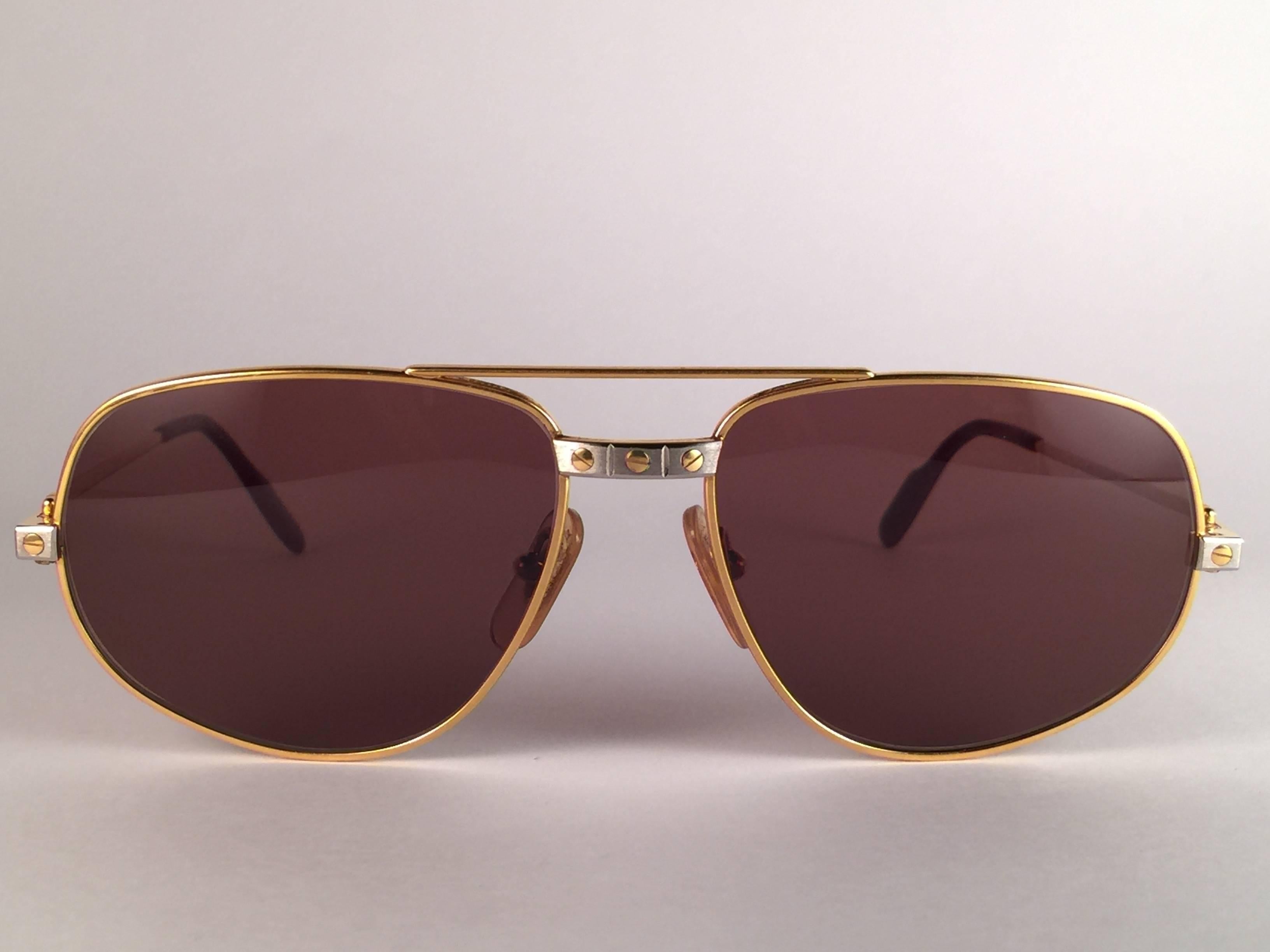New Vintage Cartier Romance Santos 54MM France 18k Gold Plated Sunglasses Neuf à Baleares, Baleares