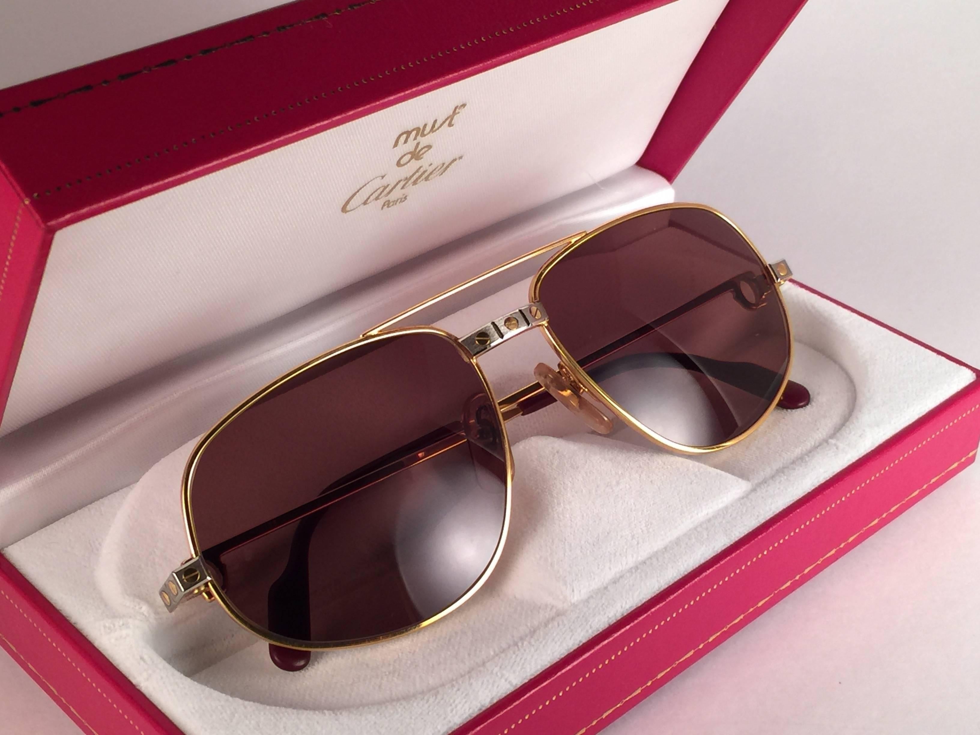 New Vintage Cartier Romance Santos 54MM France 18k Gold Plated Sunglasses Unisexe 