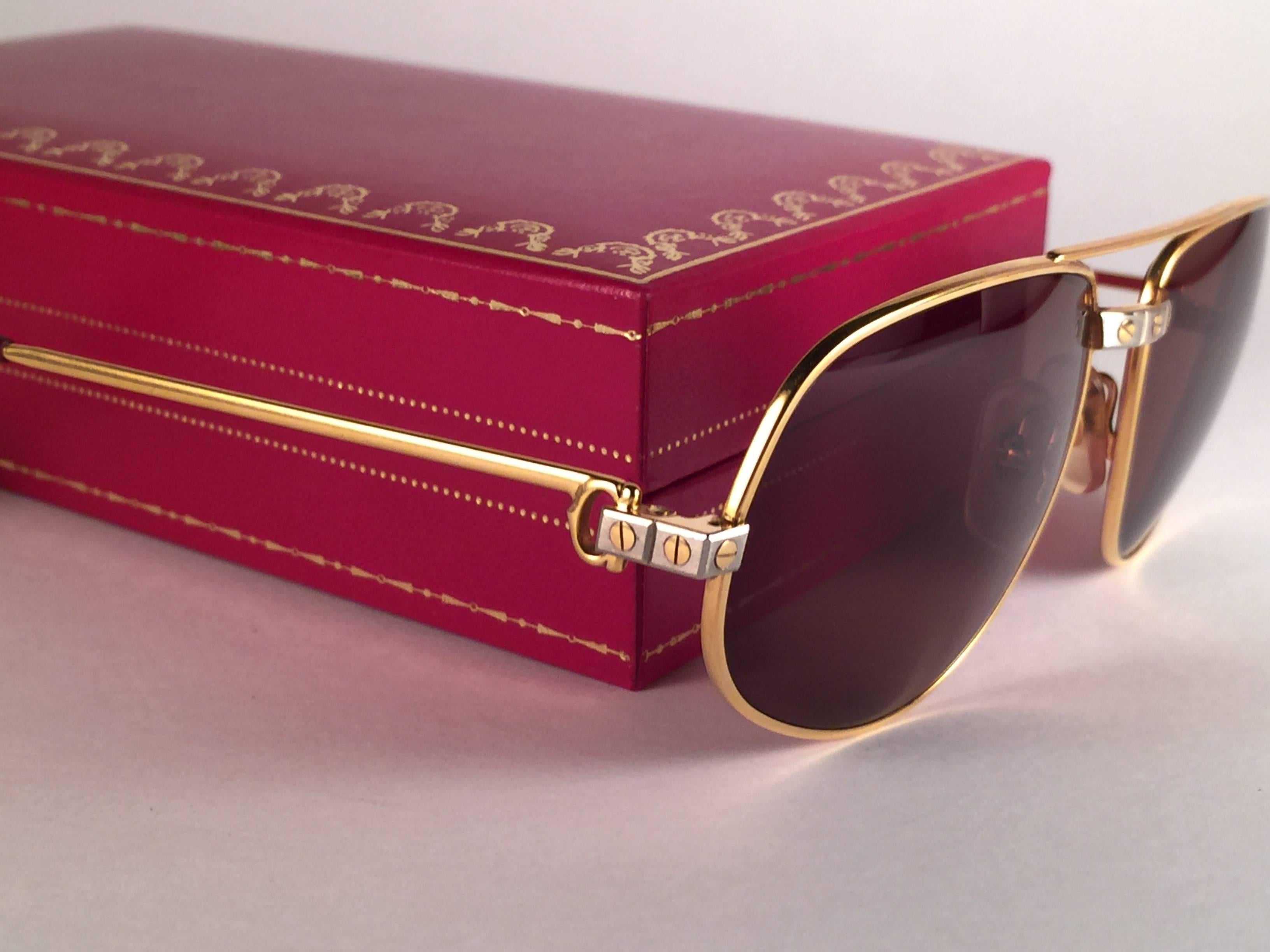 New Vintage Cartier Romance Santos 58MM France 18k Gold Plated Sunglasses In New Condition For Sale In Baleares, Baleares