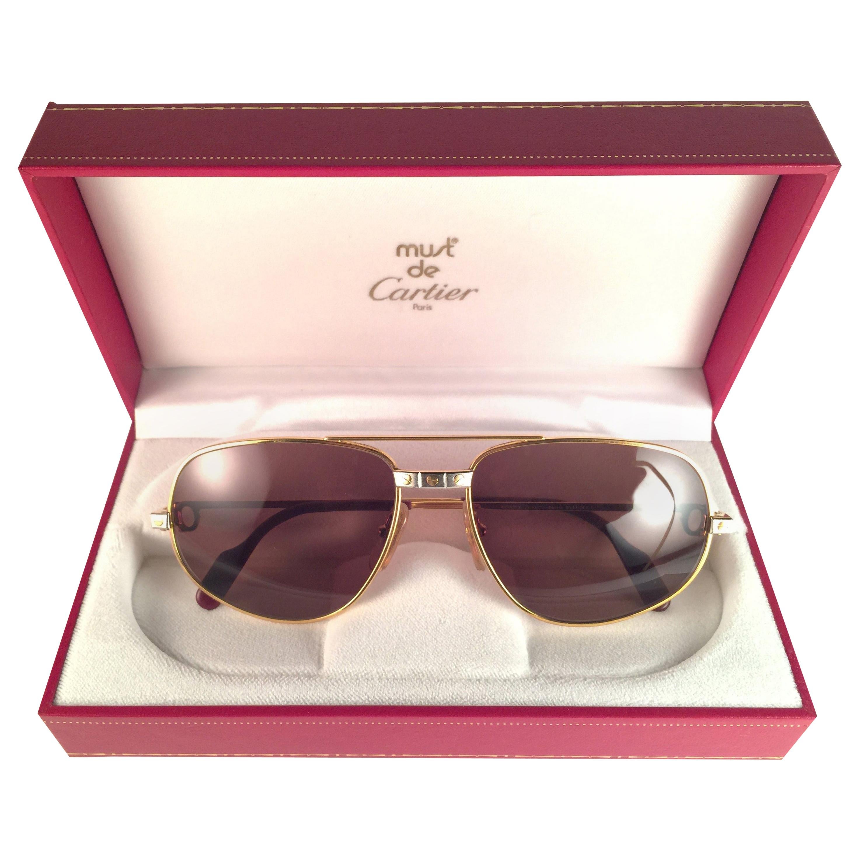  Vintage Cartier Romance Santos 58MM France 18k Gold Plated Sunglasses For Sale