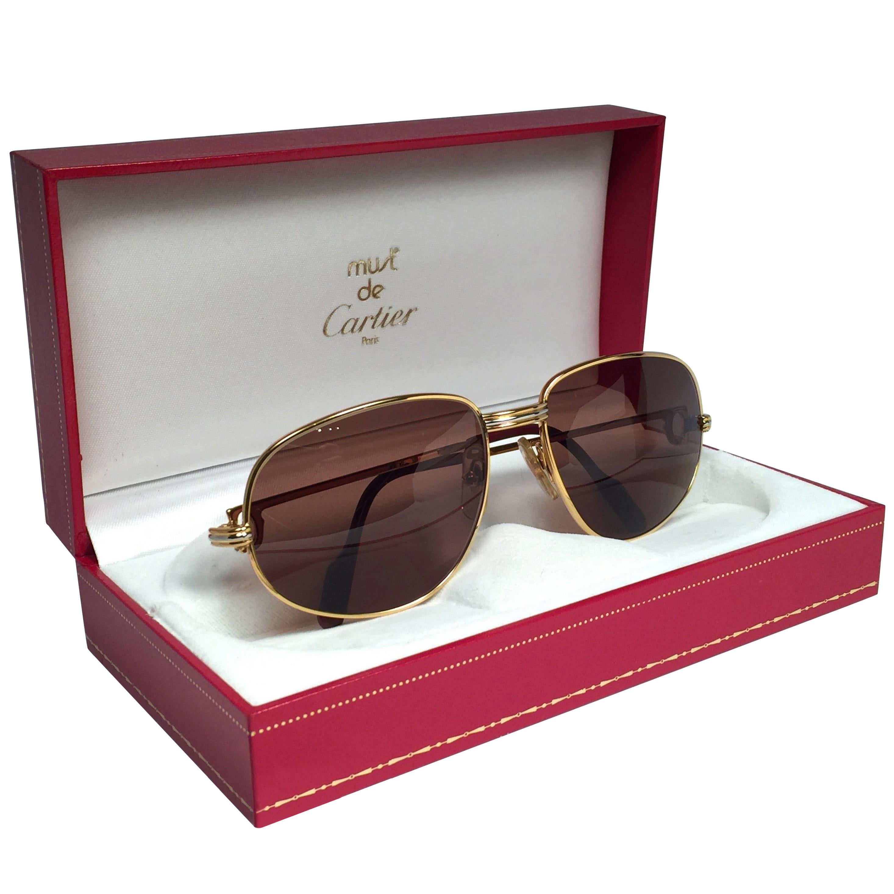 Neu Vintage Cartier Romance Vendome 54MM Frankreich 18k Gold plattiert Sonnenbrille im Angebot