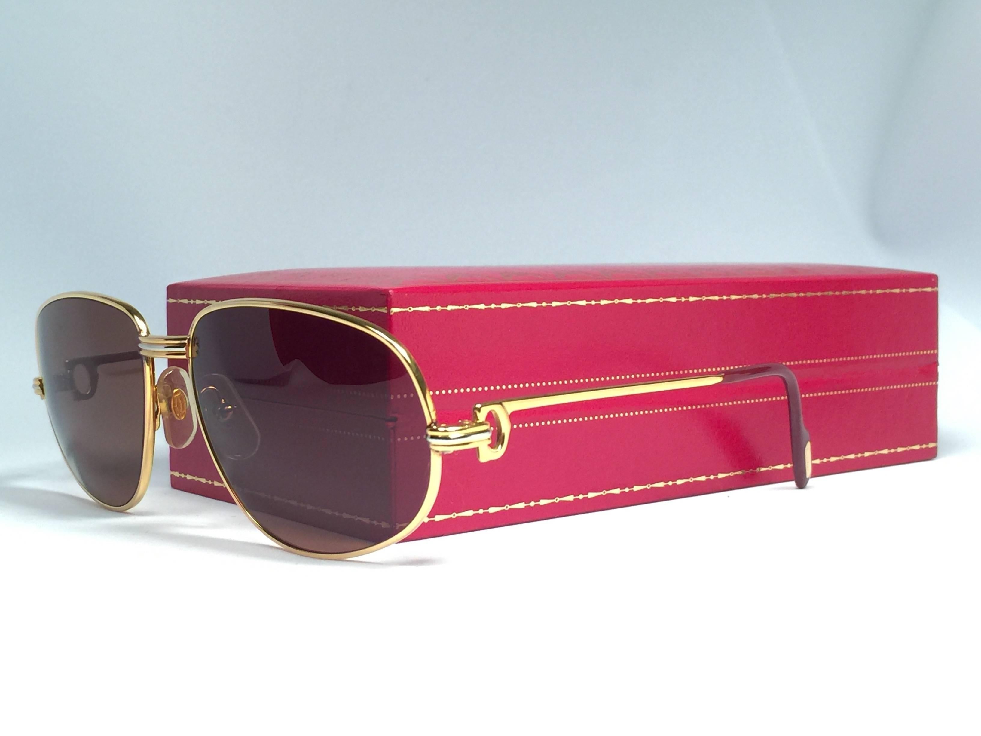 Brown New Vintage Cartier Romance Vendome 56MM France 18k Gold Plated Sunglasses For Sale