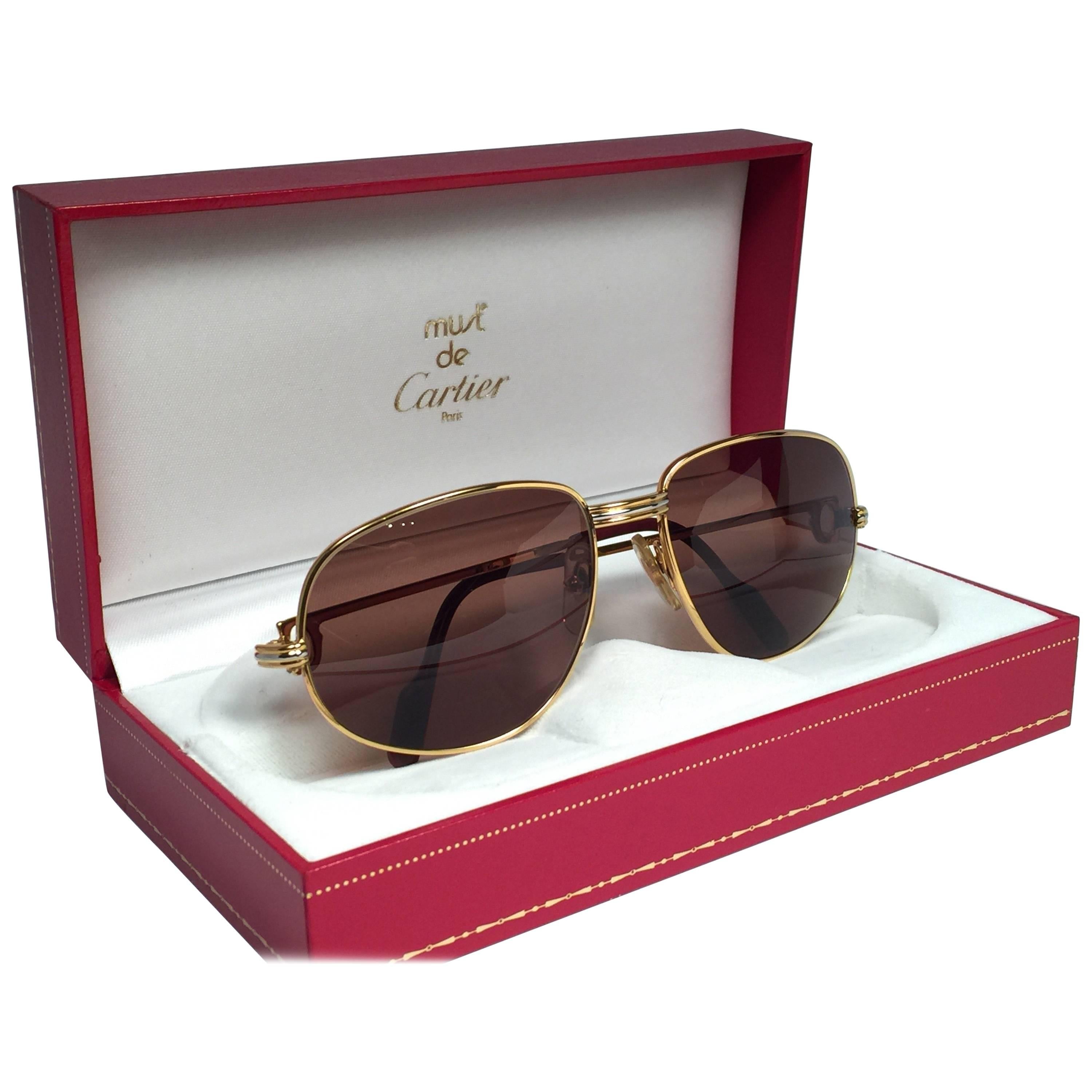 Nuovo Occhiali da sole vintage Cartier Romance Vendome 56MM Francia placcato oro 18k
