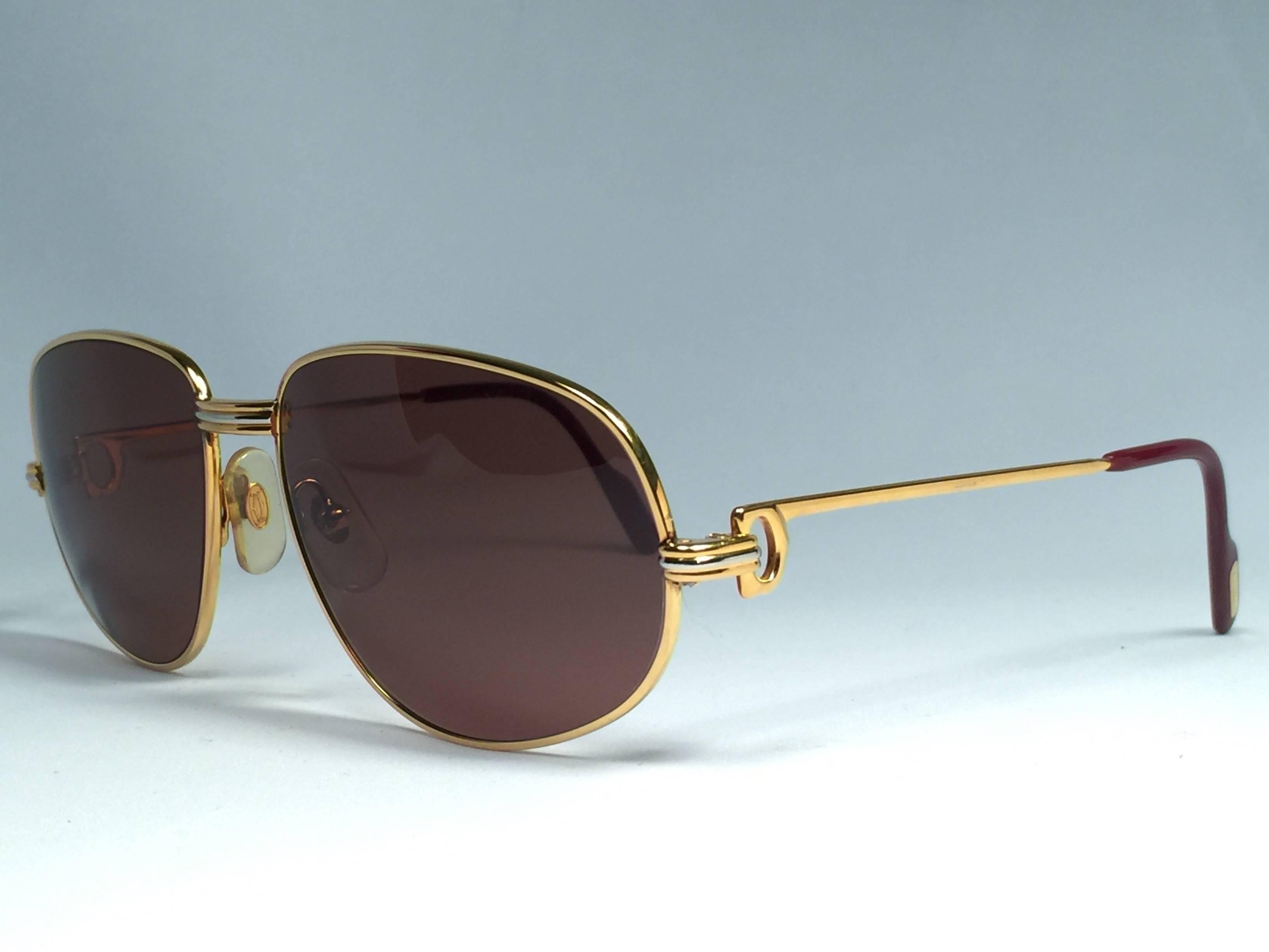 Brown New Vintage Cartier Romance Vendome 58MM France 18k Gold Plated Sunglasses