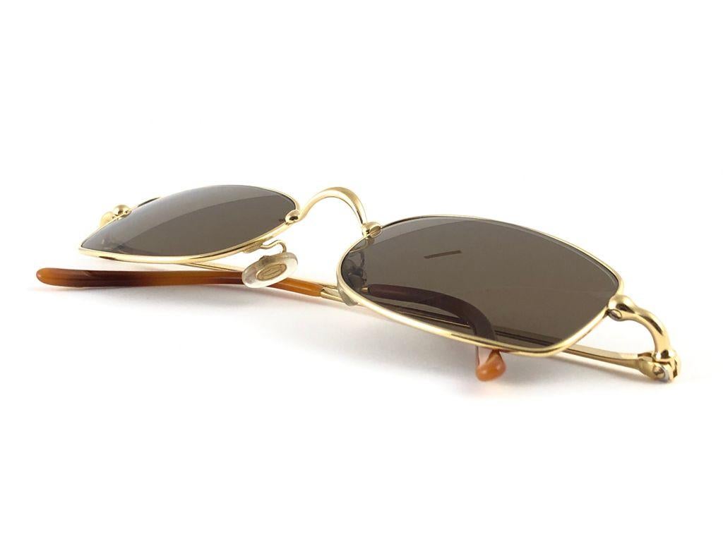 New Vintage Cartier Sasdir 51MM Gold Plated Brown Lens France 1990 Sunglasses For Sale 1
