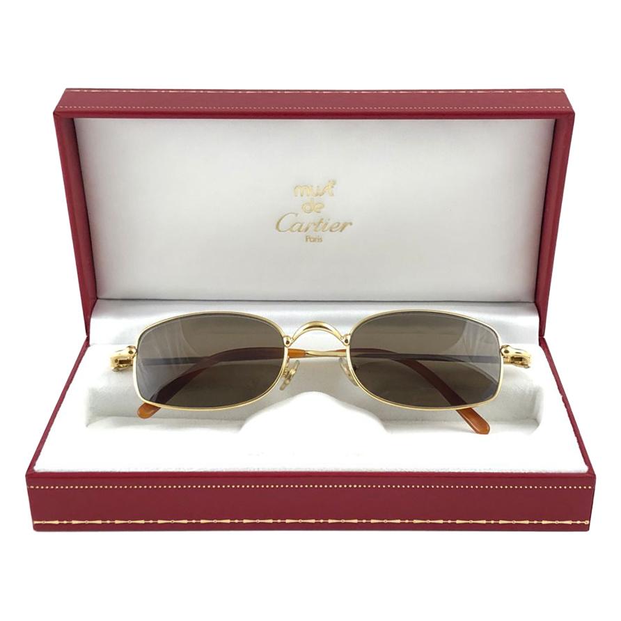New Vintage Cartier Sasdir 51MM Gold Plated Brown Lens France 1990 Sunglasses For Sale